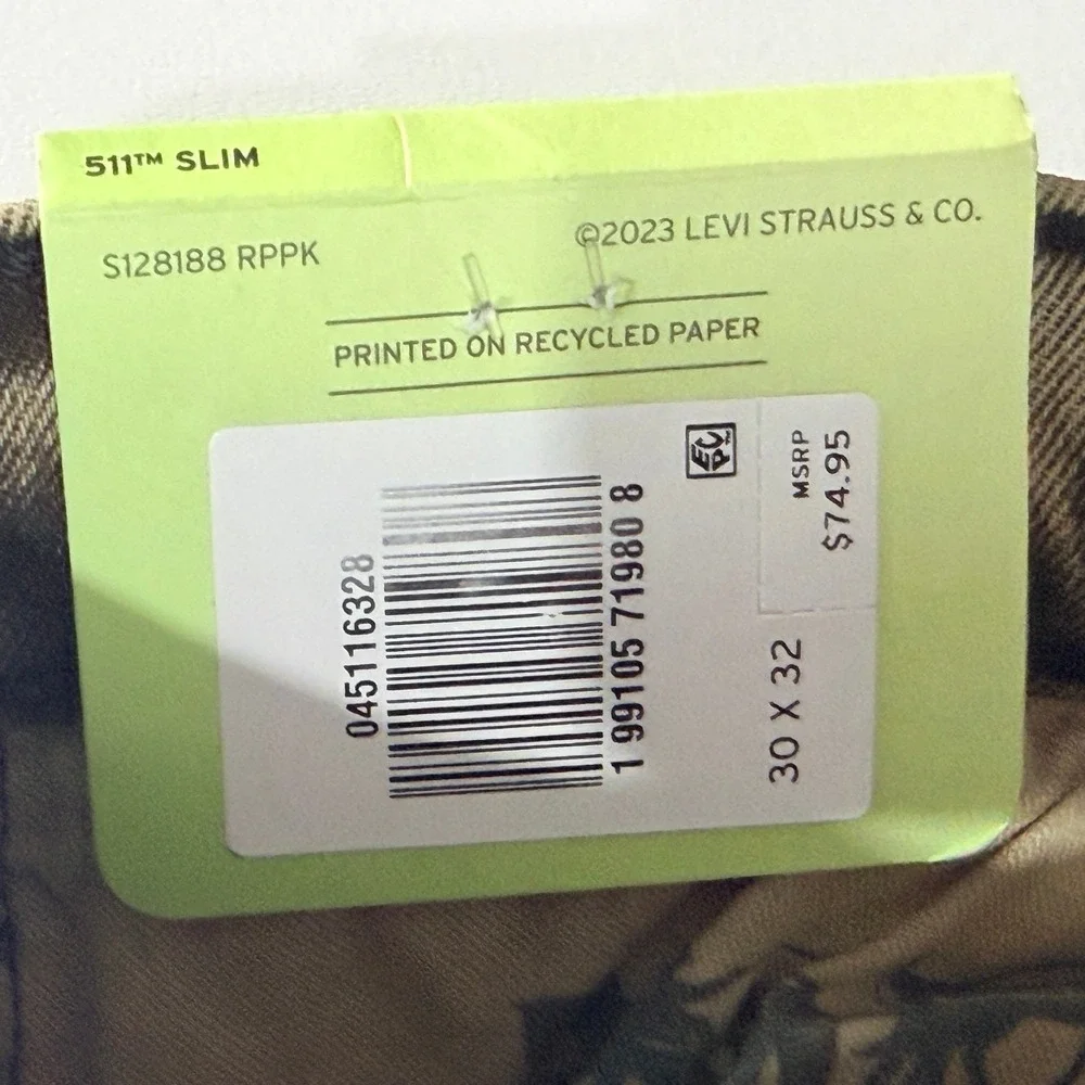 Levi's Jeans 511 Slim Mens 30x32 Olive Brown Acid Wash Flex Stretch NEW